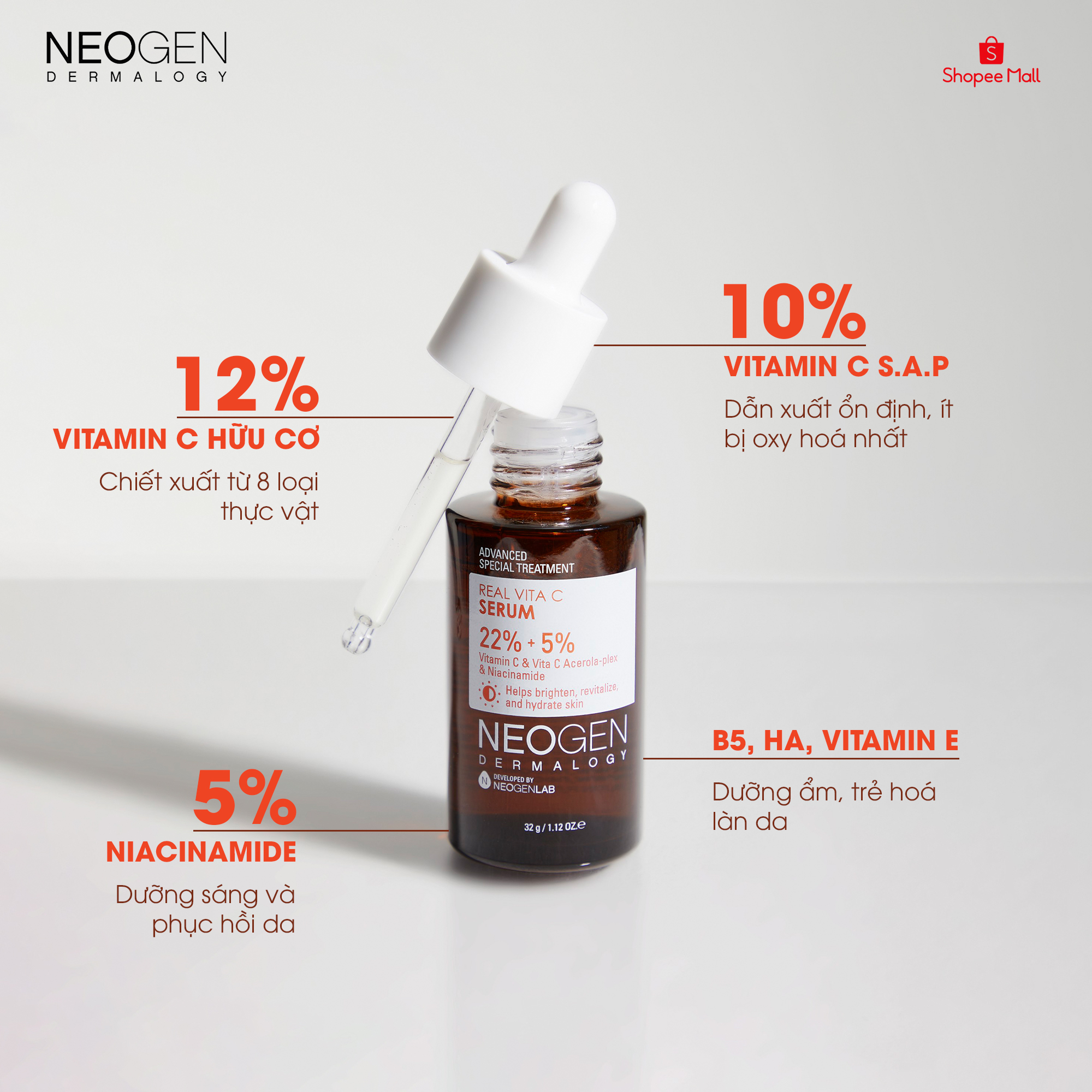 Siêu Tinh Chất Mờ Thâm Dưỡng Trắng Vitamin C SAP   Neogen Dermalogy Real Vita C Serum 32g