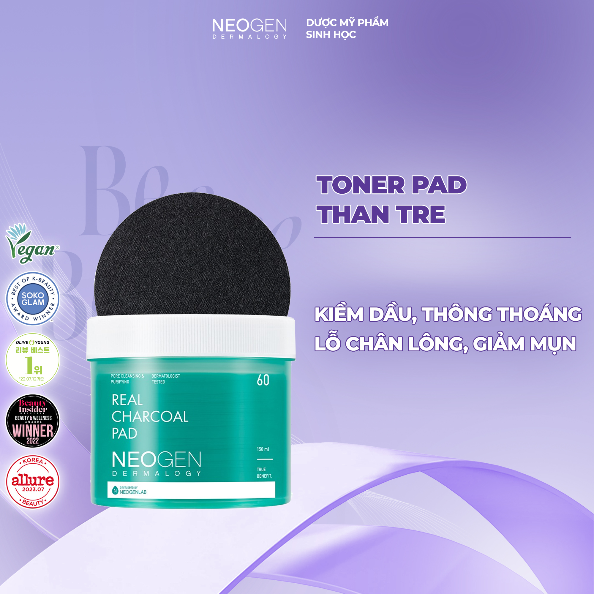 Toner Pad Than Tre Kiềm Dầu, Giảm Mụn Neogen Dermalogy Real Charcoal 60 Miếng