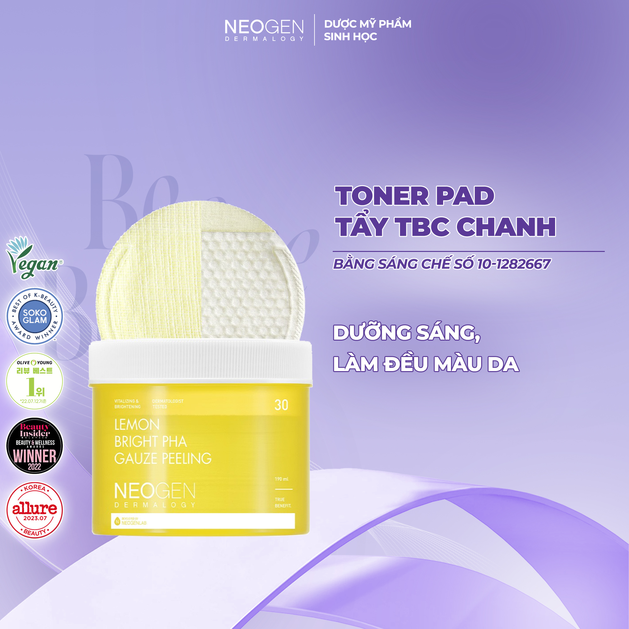 Toner Pad Tẩy Da Chết Chanh Dưỡng Trắng, Đều Màu Da Neogen Dermalogy Lemon Bight PHA Gauze Peeling 30 miếng