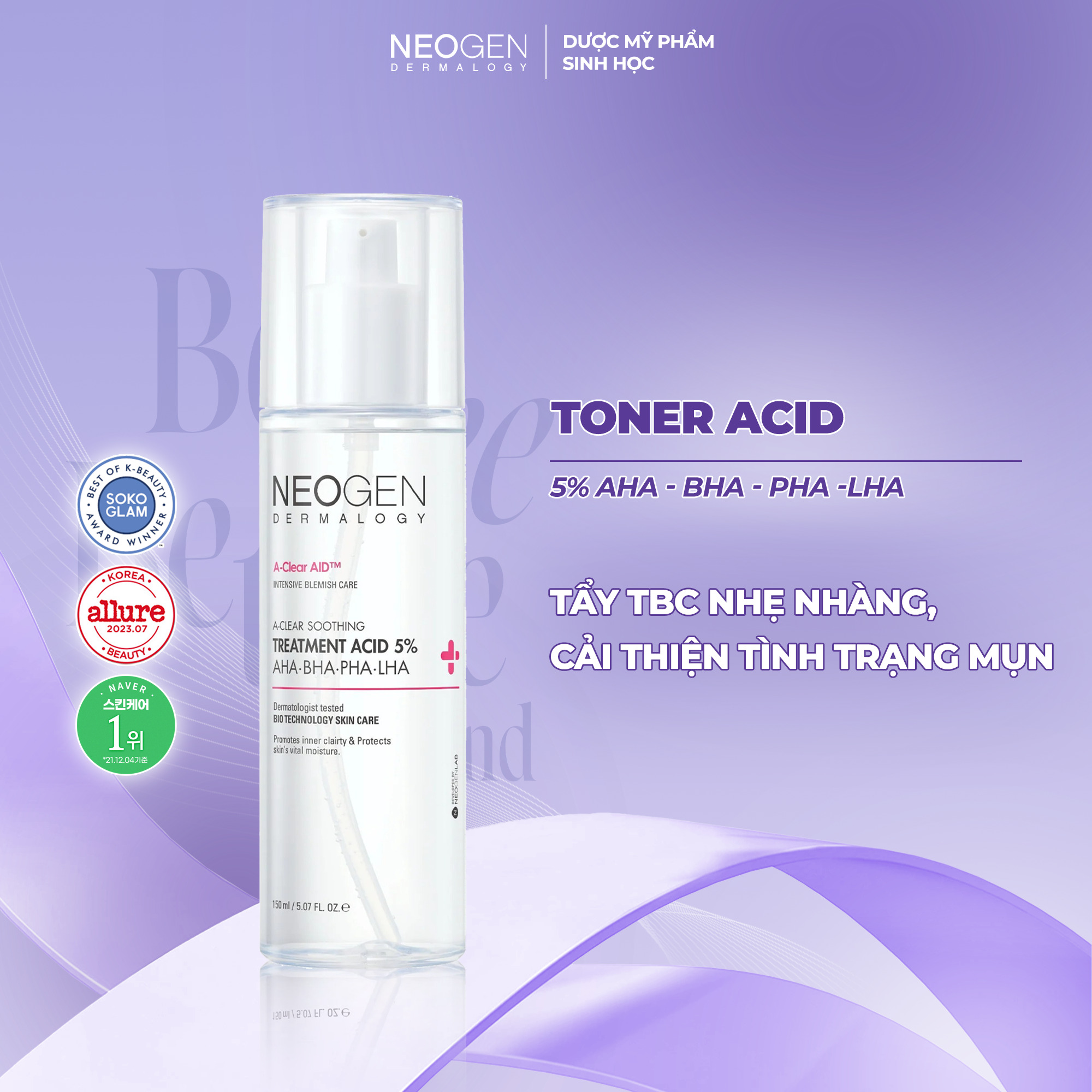 Toner Tẩy Tế Bào Chết 5% PHA - AHA - LHA - BHA Dưỡng Sáng Ngừa Mụn Neogen Dermalogy Treatment Acid 150ml