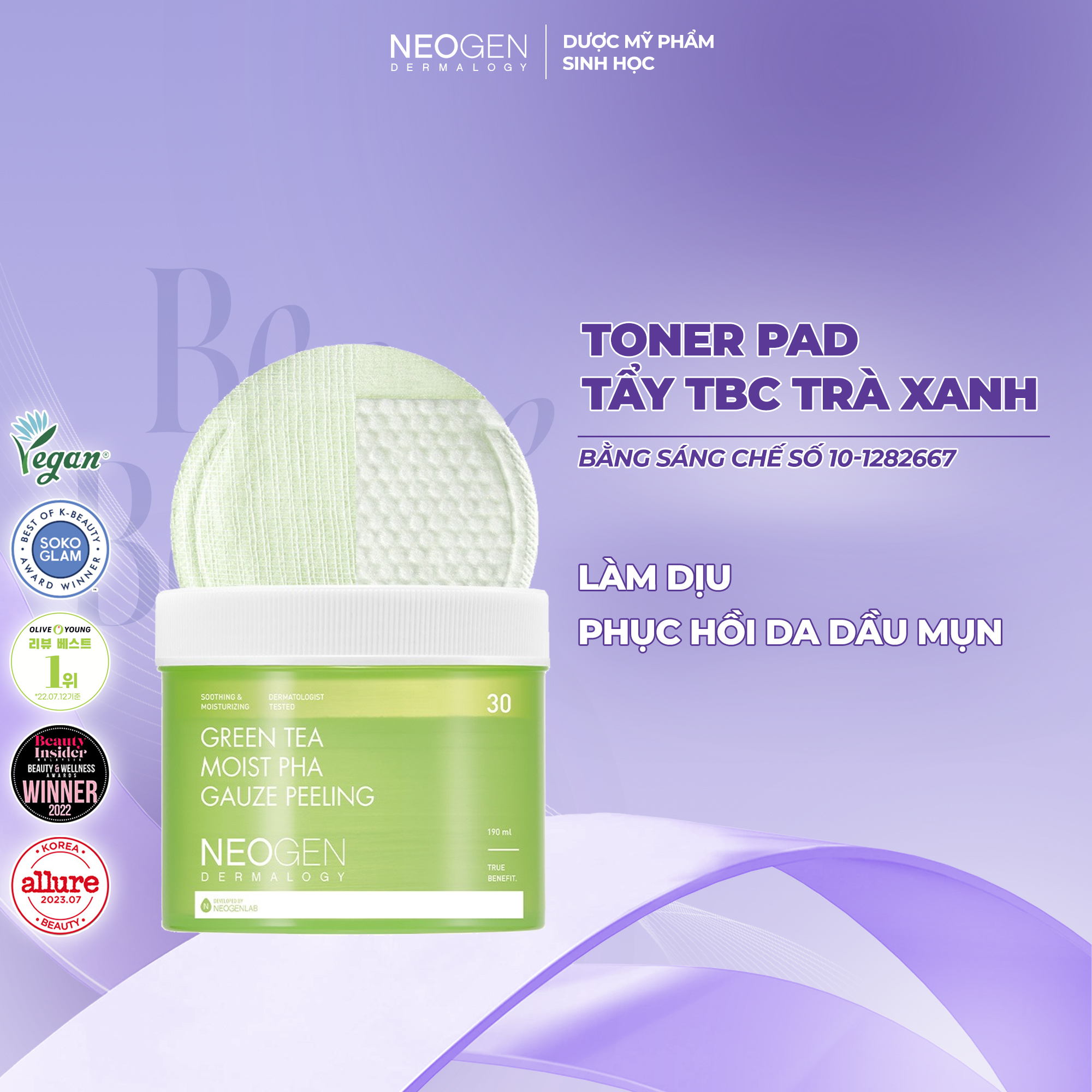 Toner Pad Tẩy Tế Bào Chết Trà Xanh Làm Dịu và Phục Hồi Da Dầu Mụn Neogen Dermalogy PHA Gauze Peeling 30 Miếng