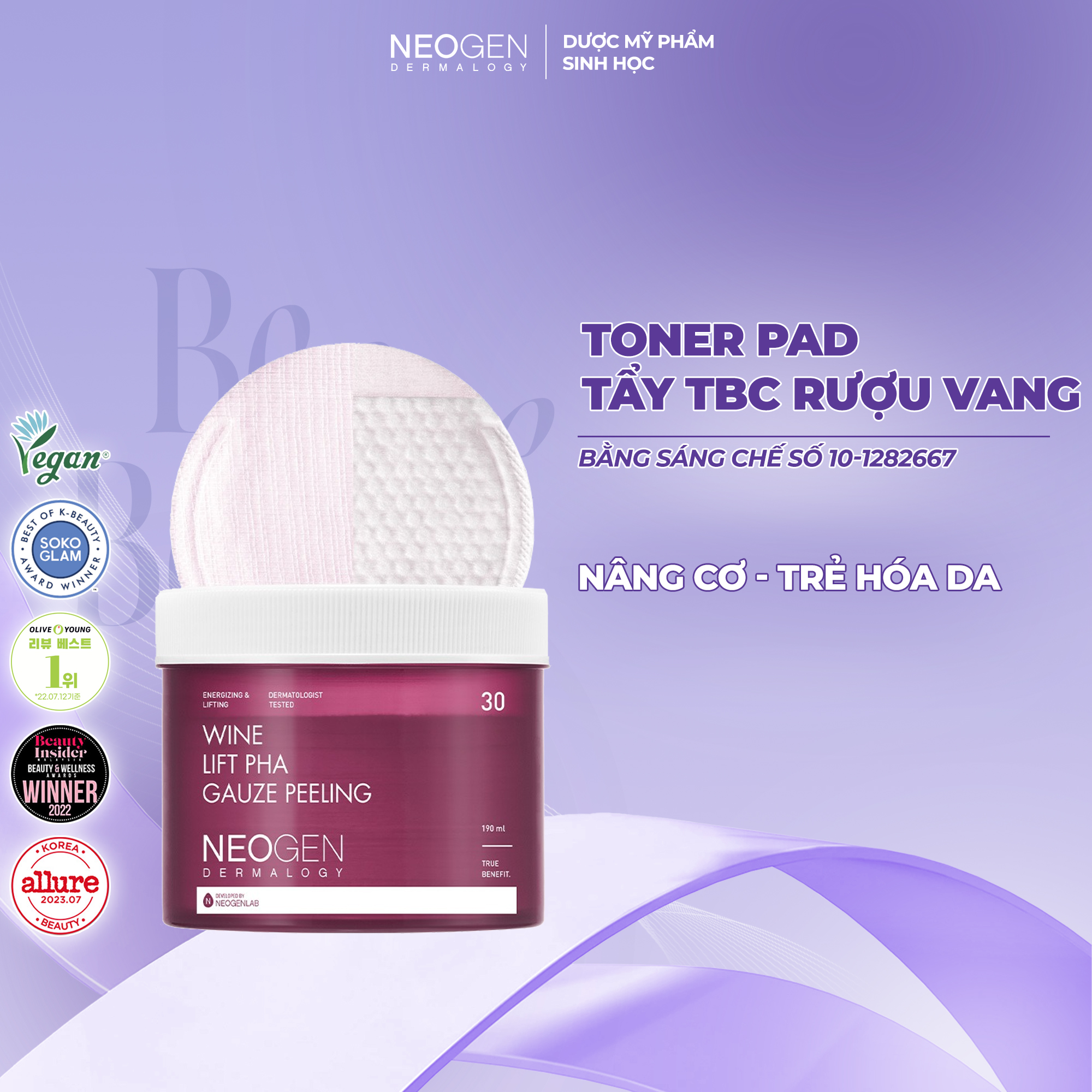 Toner Pad Tẩy Tế Bào Chết Rượu Vang Nâng Cơ và Trẻ Hoá Da Neogen Dermalogy Wine Lift PHA Gauze Peeling 30 Miếng